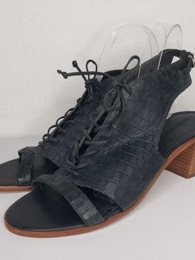 Bernardo Black Croc-Embossed Lace-Up Slingback Leather Sandals